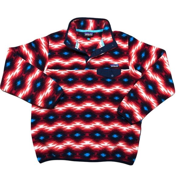Patagonia Women's Size Large Synchilla Fleece Snap-T Red Southwestern Aztec - Picture 1 of 6